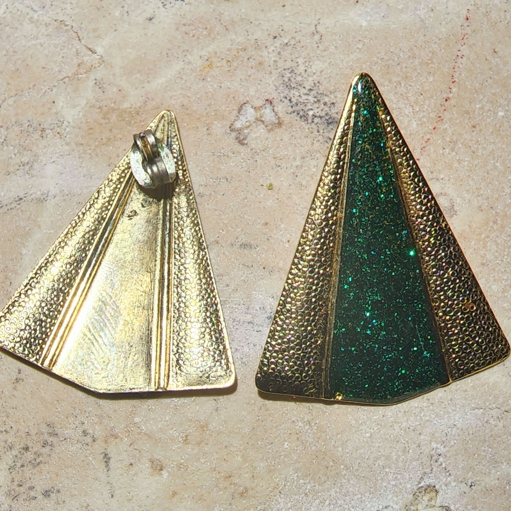Vintage 80s does 30 sparkle glitter green and gold post earrings - Picture 5 of 8